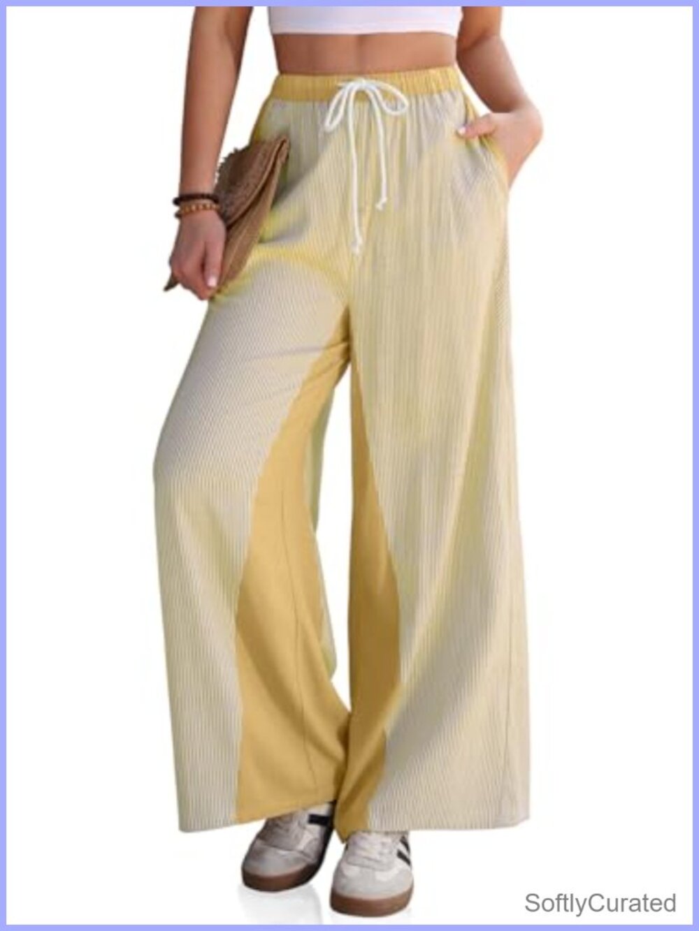 Linen Blend Striped Wide Leg Palazzo Pants with Pockets Drawstring